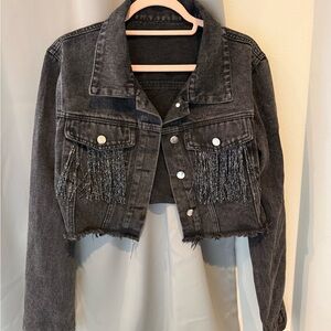 Cropped Black Denim Jacket with Fringe